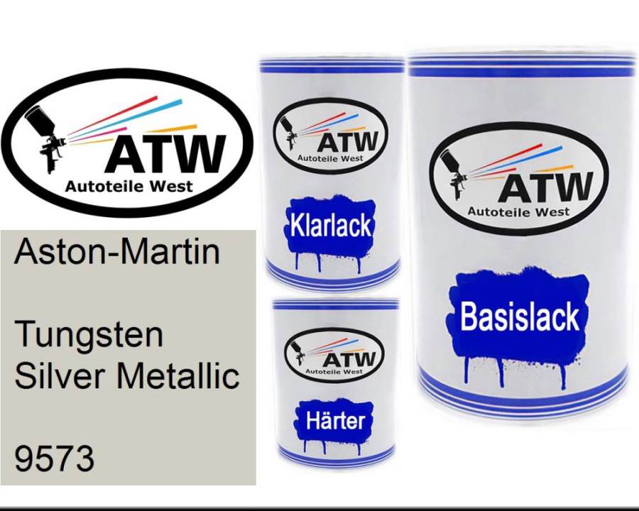 Aston-Martin, Tungsten Silver Metallic, 9573: 500ml Lackdose + 500ml Klarlack + 250ml Härter - Set, von ATW Autoteile West.